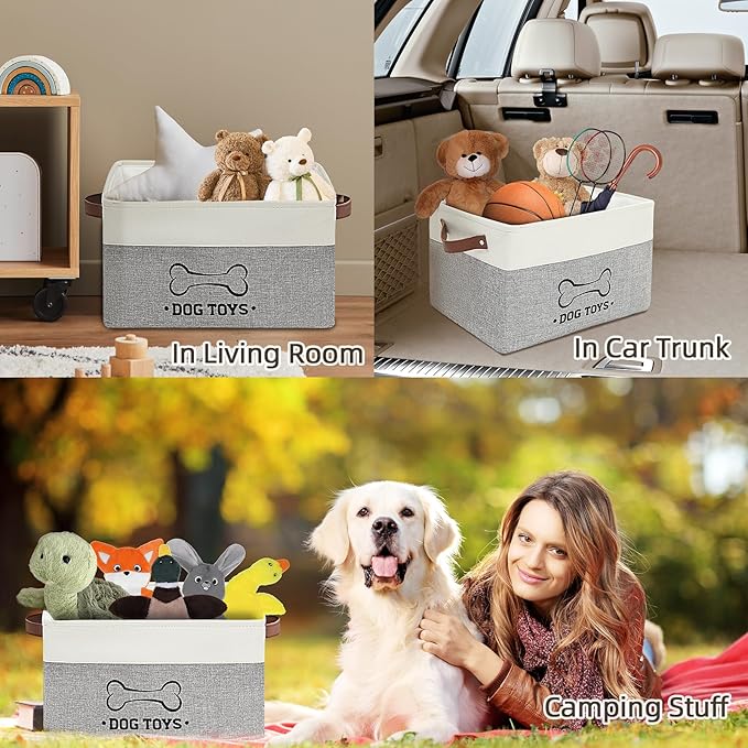 Homimp Dog Toy Basket, Dog Toy Bin Box with Comfortable Handles and Cover, Collapsible Large Pet Toy Storage Organizer for Accessories, Toys, Coat & Clothing, Blanket & Leash, Gray, 15"x13"x12"