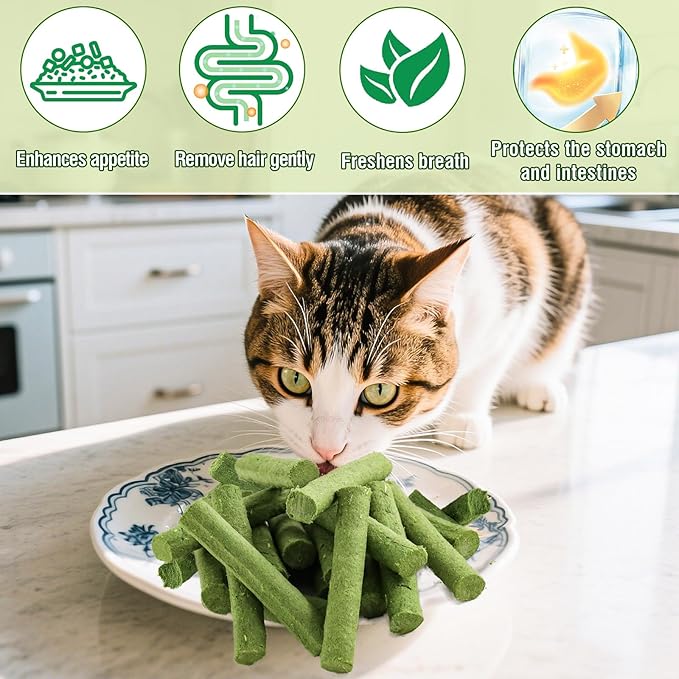 Freezed Drying Cat Grass Stick, Cat Grass Teething Sticks Snacks for Cats, Edible Dry Cats Treats for Teeth Cleaning and Hairball Removal, Made in USA