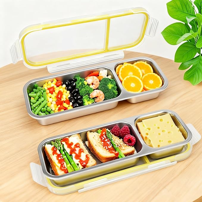 Stainless Steel Snack Containers with Lids, 2 Compartment Snackle Box Airtight Leakproof, Reusable Bento Box Food Storage Containers for Lunch Travel Picnics Office