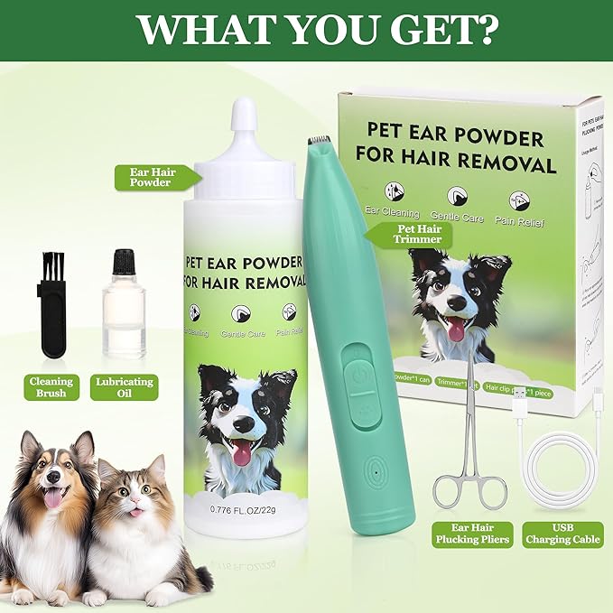Dog Ear Hair Removal Kit - Dog Ear Powder, Trimmer and Dog Clippers Set for Grooming, Ear Cleaner for Itching, Dog Ear Infection Treatment, Removing Earwax and Odour