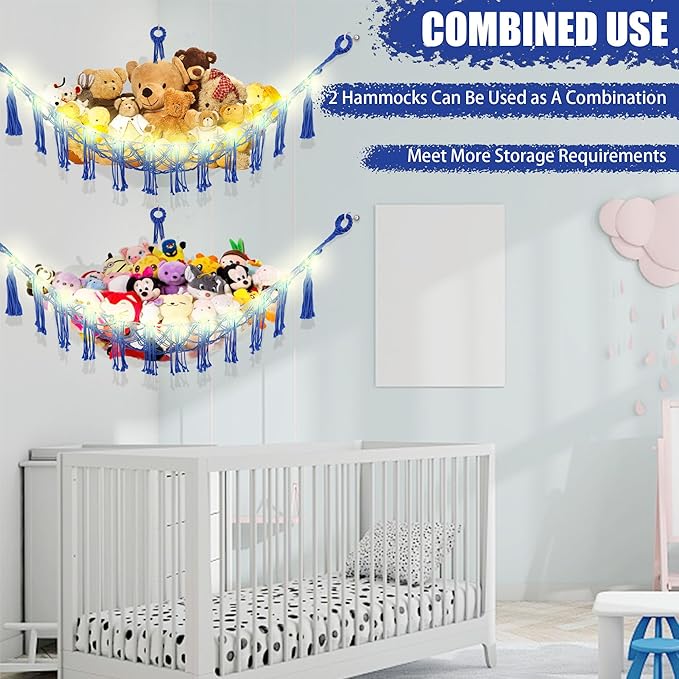 CERETIA Stuffed Animal Hammock with LED Light, Large Stuffed Animals Storage Corner Plushie Net for Kids Room Decor, 2 Packs Royal Blue