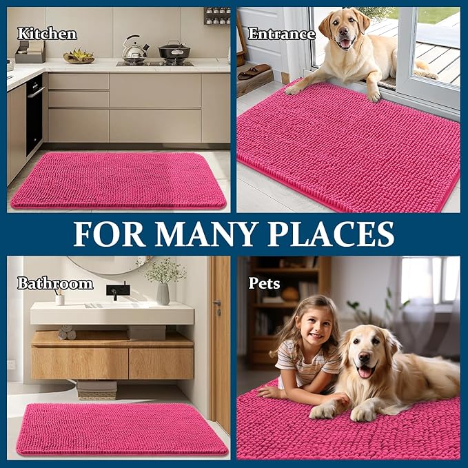 OLANLY Dog Door Mat for Muddy Paws 40x24, Absorbs Moisture and Dirt, Absorbent Non-Slip Washable Doormat, Quick Dry Chenille Mud Mat for Dogs, Entry Indoor Entryway Carpet for Inside Floor, Hot Pink