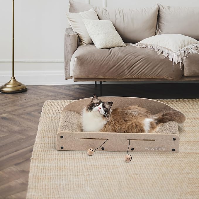 FUKUMARU 26 Inch Cat Scratcher Cardboard Lounge Bed, 2 Reversible Cat Scratch Pads Refill for Indoor Cats, Durable Cats Scratching Boards Extra Large Lounger Bed Sofa Couch with Ball Toy, Beige