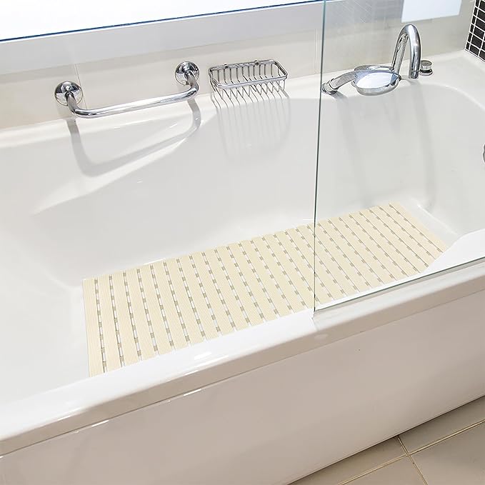 Shower Mat Non Slip Bathtub Mat with Suction Cups and Drain Holes 37.4 x15.7 Inch Bath Mat for Tub & Shower.Easy Dry,Easy to Cut,Eco-Friendly