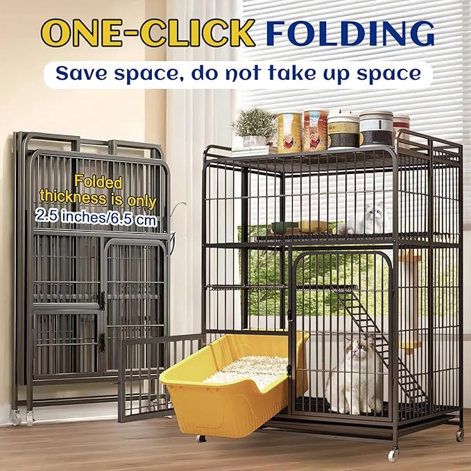 Collapsibles Cat Cages Indoor,Portable Cats Enclosures 2/3/4-Tier,Heavy-Duty Cat Playpens with Universal Wheels,Large Metal Animal cage Pet Crate No Assemblys Required (Black, 3-Tier (No Litter Box))