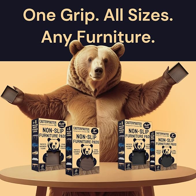 CasterMaster Non-Slip Rubber Furniture Pads - 3 in x 3 in Set of 4 Brown - Floor Protectors for Hardwood Floors & Chairs - Grippers & Rubber Feet for Furniture