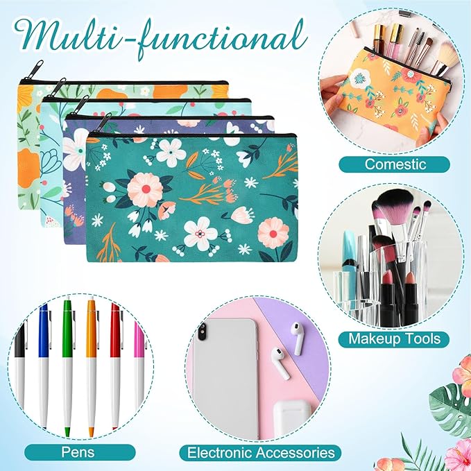 Reginary 20 Pcs Makeup Bags for Women Bulk Flower Canvas Cosmetic Bags with Zipper 7 x 4.3 Inches Floral Multicolor Travel Pouch Small Toiletry Organizer for Valentine's Day Friend Girlfriend Gifts