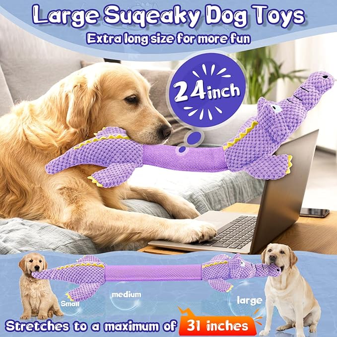 Interactive Tug of War Dog Toys for Small to Large Breeds-Squeaky Plush Puppy Toys with Crinkle Paper, Stuffed Chew Dog Toys to Keep Them Busy, Training Reward Gift (Purple)