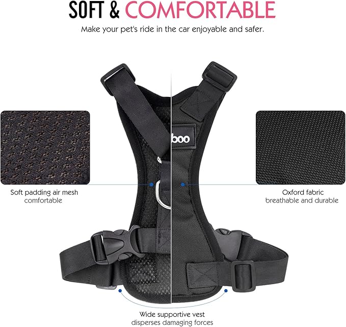 Pawaboo Adjustable Dog Safety Vest Harness with Seatbelt, Dog Seat Belt Harness for Car with Vehicle Connector Strap, Breathable Dog Seatbelt Safety Tether for Small Medium Large Pet, Small, Black