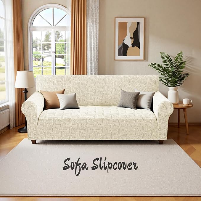 YEMYHOM 1 Piece Stretch Couch Covers for 2 Cushion Couch, Jacquard Loveseat Cover with Non-Slip Elastic Bottom, Thickened Slipcover Furniture Protector for Dogs Pets (Medium, Beige)