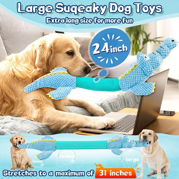 Interactive Tug of War Dog Toys for Small to Large Breeds-Squeaky Plush Puppy Toys with Crinkle Paper, Stuffed Chew Dog Toys to Keep Them Busy, Training Reward Gift (Blue)