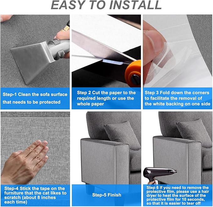 Anti-Cat Scratch Furniture Protector from Cats scratching-12-Pack NO PINS Pain Clear Sofa Guard Tape for Couches, Deterrent Pet Protection Film to Stop Cats Clawing Corners & Edges
