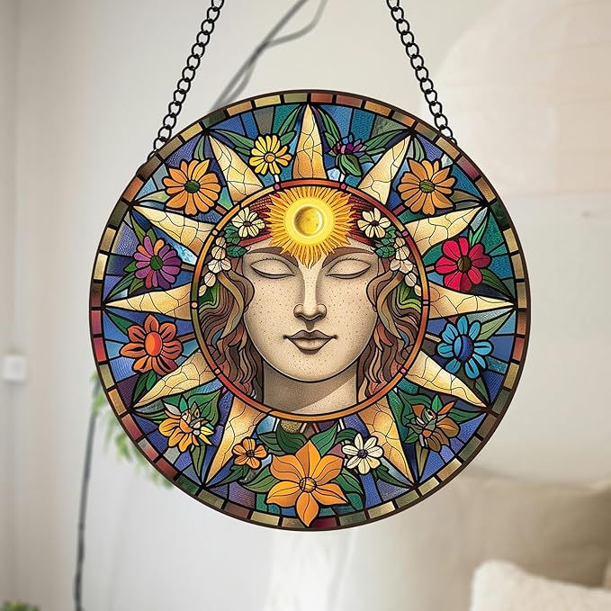 Sun Suncatcher 8 Inch Stained Glass Window Hanging Diamond Chain Hooks – Indoor/Outdoor Window Wall Art Home Décor -Gift for Women Men Valentine's Day Thanksgiving Ornaments Festival Gifts