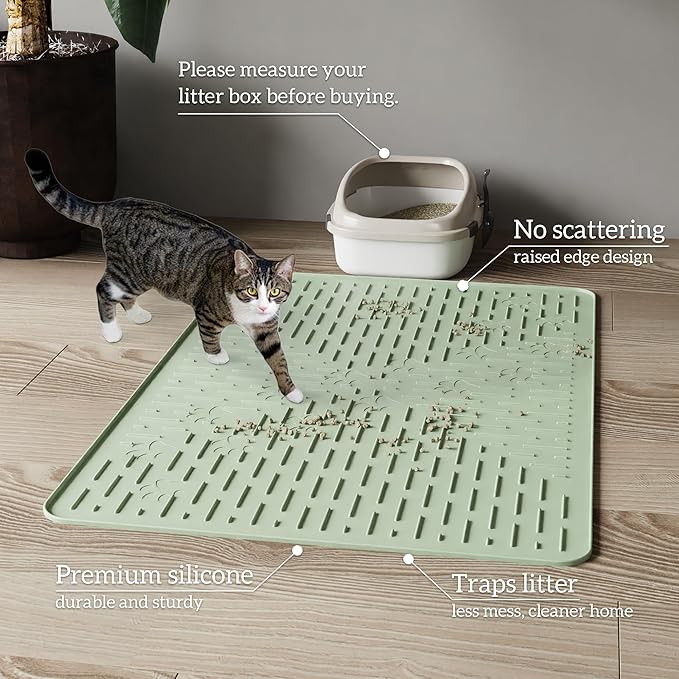 Cat Litter Mat Large Trapping Mat Premium Silicone Rubber 23.5x16" Sage Green, Waterproof and BPA Free Kitty Litter Box Mat, Easy to Clean and Keeps the Floor Tidy