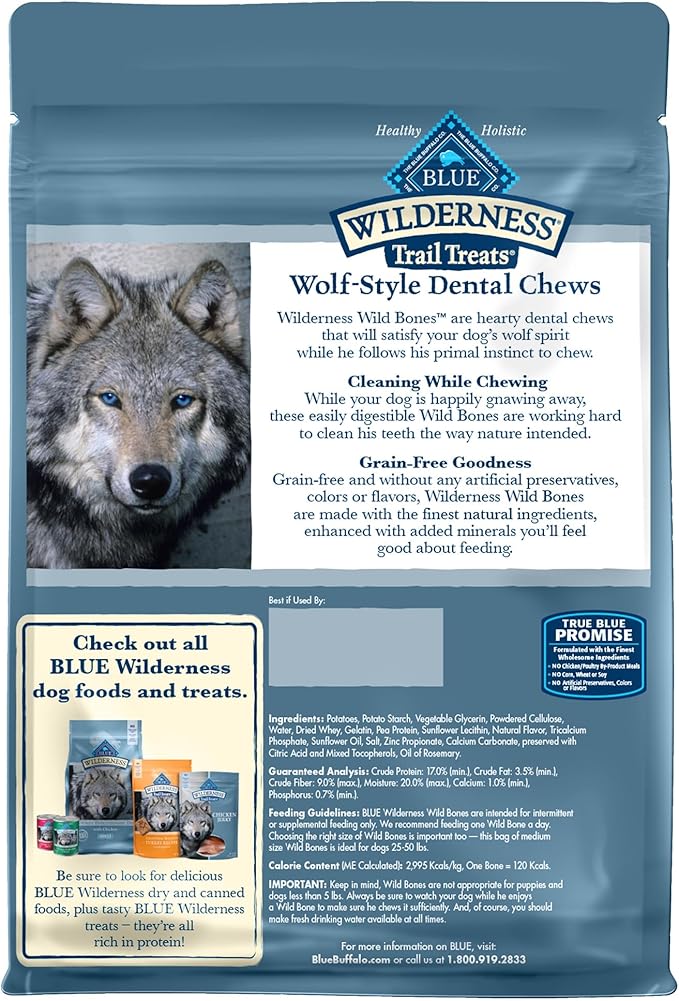 Blue Buffalo Wilderness Wild Bones Grain-Free Dental Chews Dog Treats, Medium, 27-oz Bag