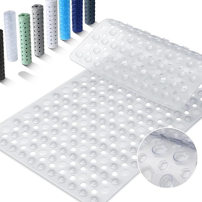 Yimobra Bath Tub Mat Non Slip, 34.5"x15.5" Long Shower Mat, Machine Washable Bathmat with Drain Holes and Suction Cups, Soft on Feet, Bathroom Essentials, Clear