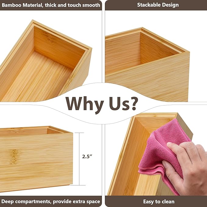 Greatseas Kitchen Drawer Organizer Bins, Stackable Bamboo Deep Drawer Organizer for Silverware, Utensils, Cutlery, Flatware, Junk Drawer, Dresser, Bathroom, 12" x 3" x 2.5" (Set of 2)