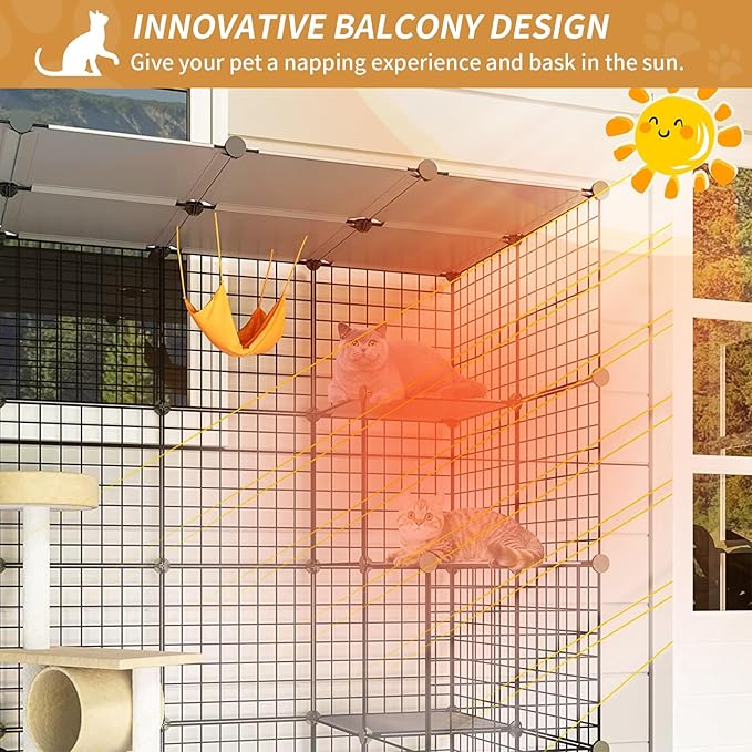 Oneluck Outdoor Cat House Catio Enclosure with Super Large Enter Door, 55L x 41W x41H Balcony Cat Cage Playpen with Platforms, DIY Kennels Crate Large Exercise Place Ideal for 1-3 Cats