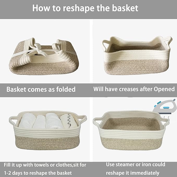 Woven Cotton Rope Storage Basket with Handles for Organizing Shelves Closet Small Cat Dog Pet Toy Baskets Box Bin Decorative Rectangle Baby Nursery Basket Gift Basket Empty