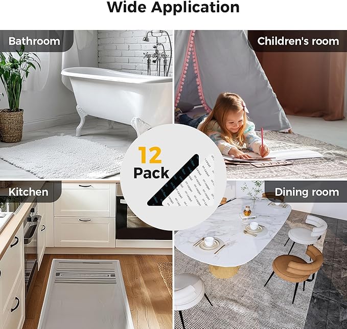 12 Pcs Rug Tape, Non Slip Rug Pads Grippers for Hardwood Floors and Tiles, Double Sided Adhesive Carpet Tape, Reusable and Washable Tape Grippers for Area Rugs to Keep Rugs in Place