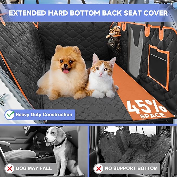 Dog Car Seat Cover for Back Seat - Hard Bottom Extender Holds up to 400 lbs, Waterproof Protector with Mesh Window, Dog Hammock for Full-Size Trucks & SUVs