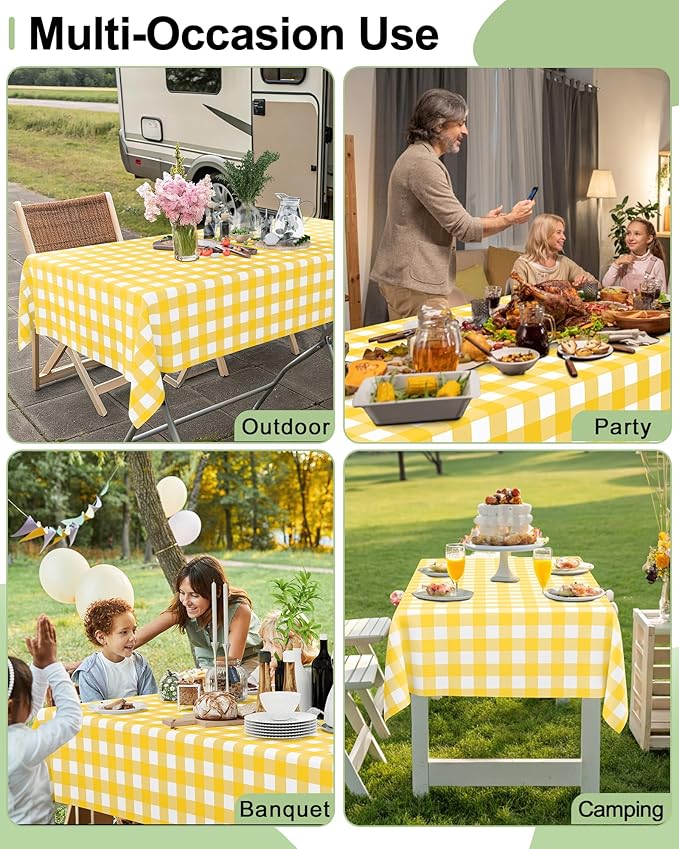Smiry 8 Packs Gingham Disposable Table Cloth, 54 x 108 Inch Waterproof Plastic Tablecloth, Rectangle Yellow and White Checkered Table Covers for Picnic, Birthday, Party
