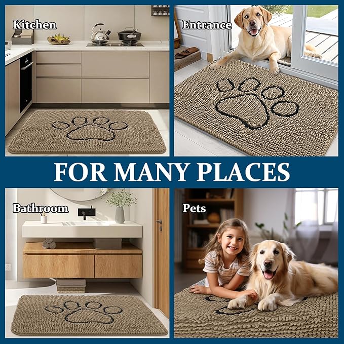 OLANLY Dog Door Mat for Muddy Paws 48x30, Paw Print Design, Absorbs Moisture and Dirt, Absorbent Non-Slip Washable Doormat, Quick Dry Chenille Mud Mat for Dogs, Entry Indoor Entryway Carpet, Tan