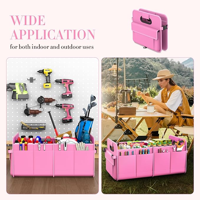 Trunk Organizer For Suv & Sedan,Car Organizers and Storage, Waterproof Collapsible & Adjustable Straps,70L Sturdy Car Organization for Car Accessories, Tools,Sundries,2-3 Compartment(Pink