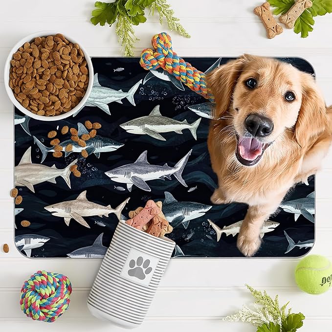 Cute Shark Dog Cat Food Mat,Absorbent Pet Feeding Mat with Rubber Backing,Non-Slip Water Bowl Placemat,Indoor Pet Accessories Supplies 12"x20"
