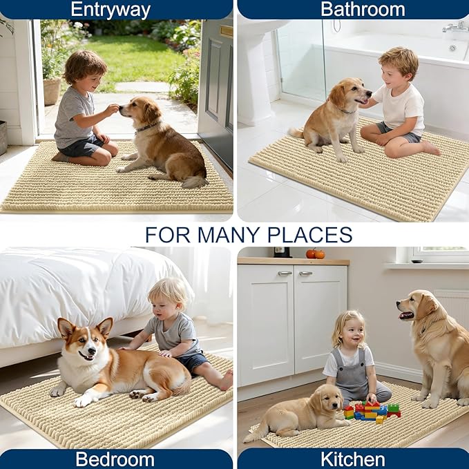 OLANLY Dog Door Mat for Muddy Paws 36x24, Ultra Absorbent Chenille Mud Doormat, Non-Slip Washable and Dirt Trapping Doormat for Indoor Entryway, Quick-Dry Indoor Pet Bed Mats for Dogs, Sand