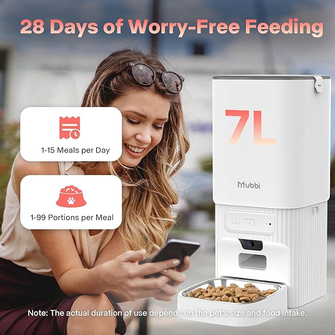 Automatic Cat Feeder, 7L/29 Cups Automatic Dog Feeder, Mubbi Dog Food Dispenser, 1-6 Meals Ideal for Multiple Pets (White, Camera-7L)