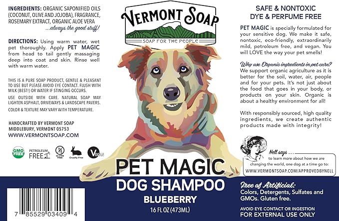 VERMONT SOAP Organics Pet Shampoo - Infused with Organic & Natural Olive Oil, Coconut & Aloe Vera Dog Shampoo for Sensitive Skin - USDA Certified Grooming Pet Shampoo - Blueberry (16oz)