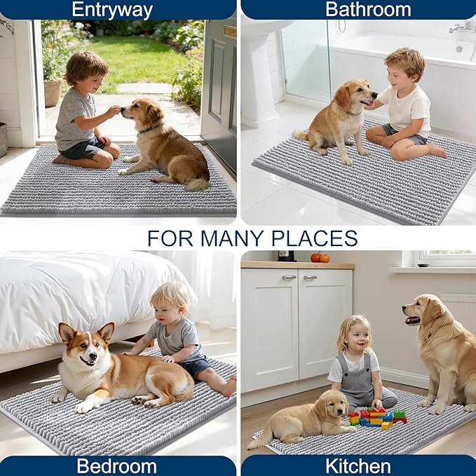 OLANLY Dog Door Mat for Muddy Paws 44x32, Ultra Absorbent Chenille Mud Doormat, Non-Slip Washable and Dirt Trapping Doormat for Indoor Entryway, Quick-Dry Indoor Pet Bed Mats for Dogs, Light Grey