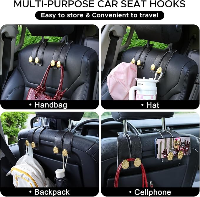 4 PCS Leather Car Seat Hooks for Headrest, Vehicle Hanger Storage Organizer Universal for Handbag Purse, Car Accessories Gift (Black-Gold-4 PCS)