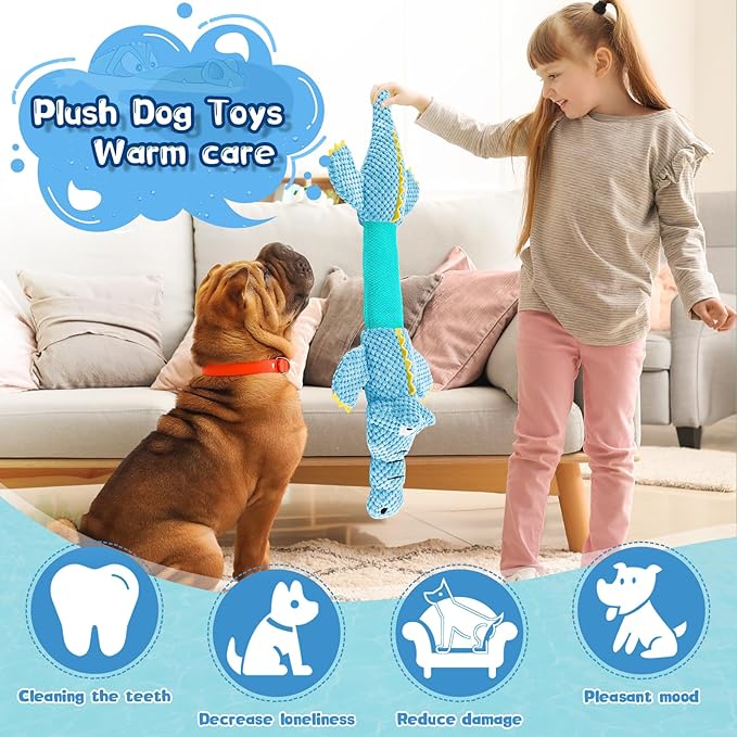 Interactive Tug of War Dog Toys for Small to Large Breeds-Squeaky Plush Puppy Toys with Crinkle Paper, Stuffed Chew Dog Toys to Keep Them Busy, Training Reward Gift (Blue)