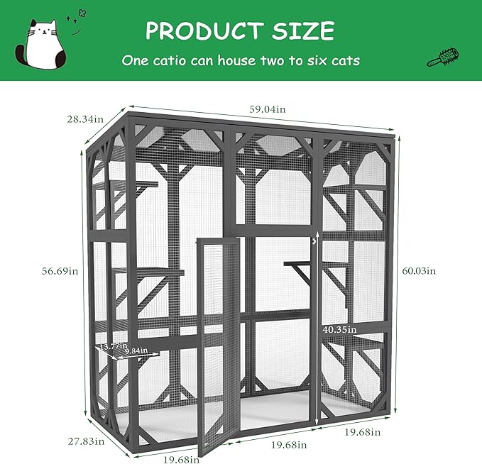LOVMOR 60" Outdoor Catio with Six Platforms, Outdoor Cat Enclosure with Large Enter Door, Waterproof Roof, Safety Galvanized Steel Wire Mesh, Easy Installation