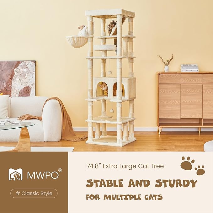MWPO 74.8 inches Large Cat Tree with Sisal-Covered Scratching Posts & Condo, Tall Cat Tower Entertainment Playground Furniture for Cats & Kittens - Multiple Colors-Beige