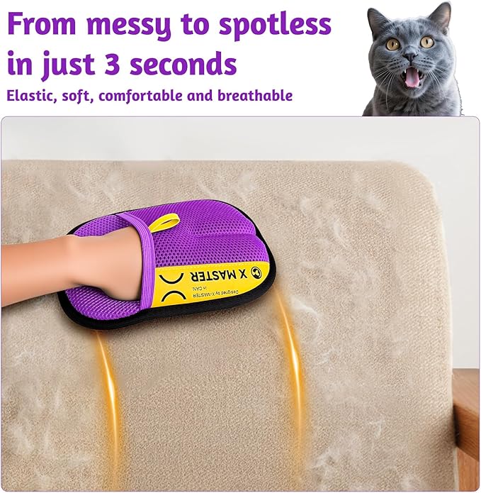 2 Pack Pet Hair Grooming Gloves – Upgraded Mesh + Brush Fabric, Washable Electrostatic Pet Hair Remover for Dogs & Cats – Reusable Glove for Carpet, Furniture, Clothes (Purple)