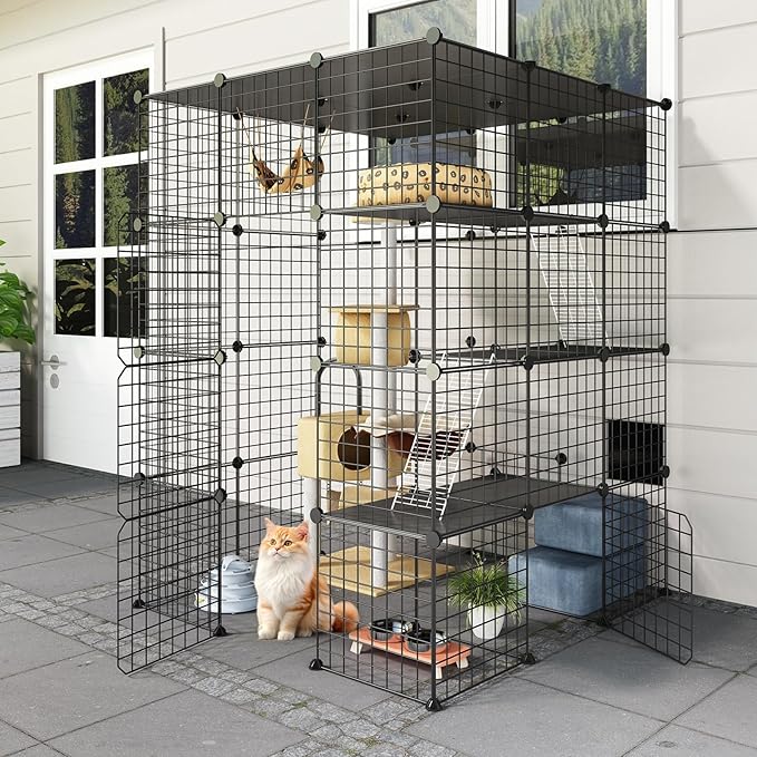 Oneluck Outdoor Cat House Catio Enclosure with Super Large Enter Door, 41L x 41W x55H Balcony Cage, Playpen with Platforms, DIY Kennels Crate Large Exercise Place Ideal for 1-3 Cats