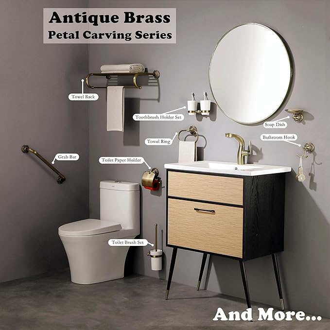 Double Toothbrush Holder Wall Mounted, Mouthwash Cup Holder for Bathroom Wall, Antique Brass Holder and Two White Ceramic Cups, Vintage Petal-Relief Bathroom Decorative Accessories