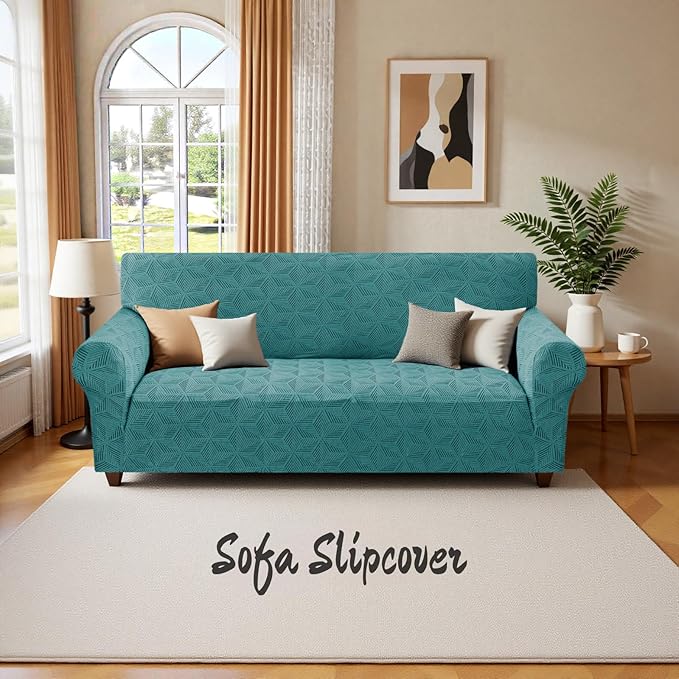 YEMYHOM 1 Piece Stretch Couch Covers for 3 Cushion Couch, Jacquard Sofa Cover with Non-Slip Elastic Bottom, Thickened Slipcover Furniture Protector for Dogs Pets (Large, Peacock Blue)