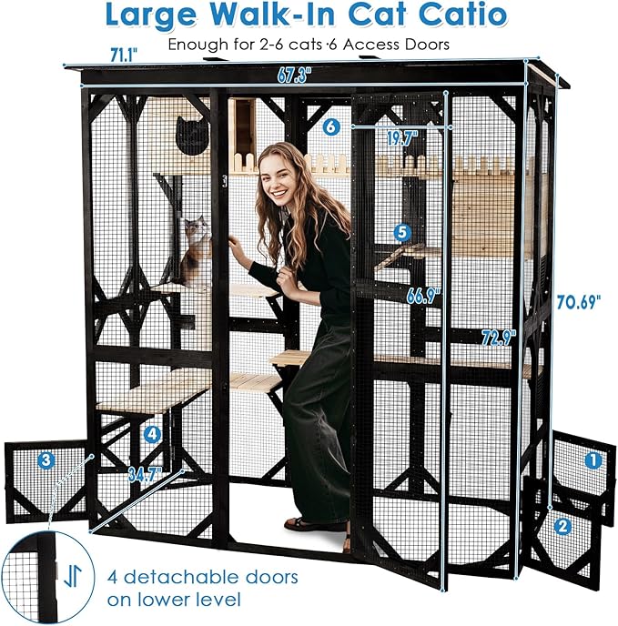 71.1" L Large Cat Catio Outdoor Cat Enclosure Window Acess, Walk-in Cat Cage Cat House for Multiple Indoor Outdoor Cats, Outside Patio 6 Doors Weatherproof Roof