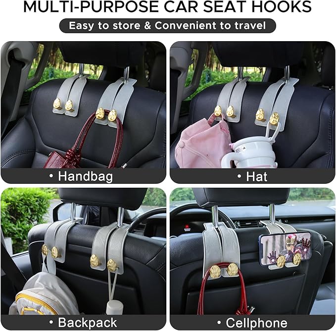 4 PCS Leather Car Seat Hooks for Headrest, Vehicle Hanger Storage Organizer Universal for Handbag Purse, Car Accessories Gift (Grey-Gold-4 PCS)
