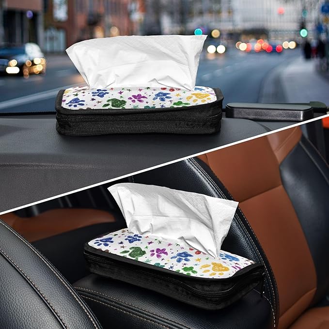 Car Tissue Holder Car Napkin Holder Car Tissue Box Dispenser Storage Case Sun Visor Mask Holder with Adjustable Straps Reusable Refillable Paw Prints and Stars