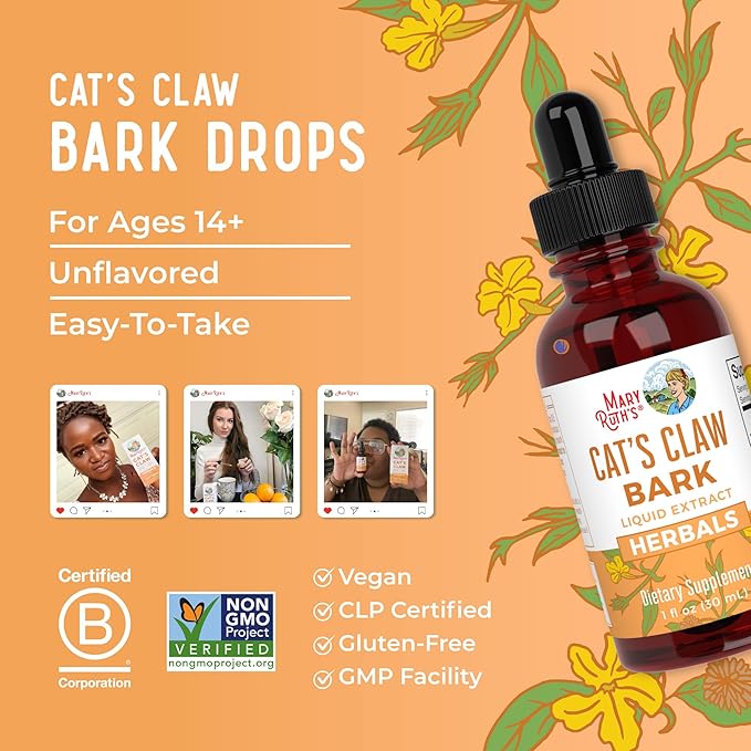MaryRuth Organics Cat's Claw Herbal Liquid Drops | 2 Month Supply | Unflavored Cats Claw Tincture | Uncaria tomentosa | Non-GMO Project Verified | Vegan | Gluten Free | Sugar Free | 1 Fl Oz