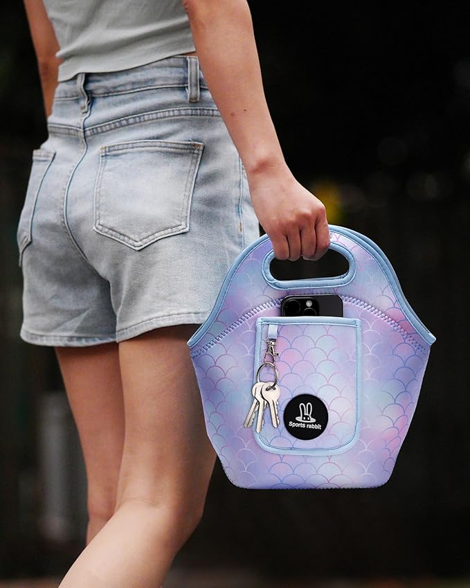 Sports rabbit Neoprene Insulated Lunch Bag for Women - Front Pocket for Phone&Keys - Reusable, Foldable, Lightweight, Waterproof, Easy to Store & Clean - Ideal for Work, Travel & Picnics (mermaid)
