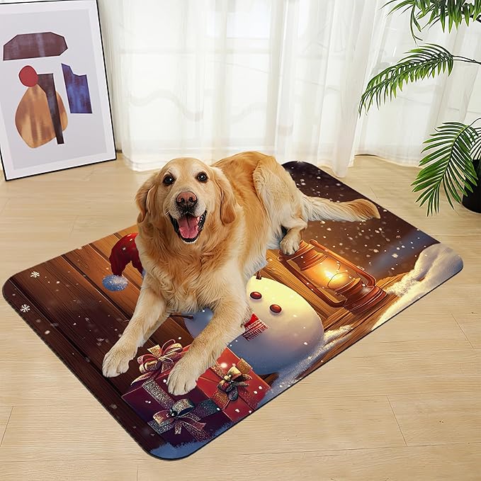 Chirstmas Gifts Dog Cat Food Mat, Cute Snowman Absorbent Waterproof Placemat for Food and Water Bowls, Non Slip Rubber Backing, Feeding Mat for Clean Floors 16"x24"