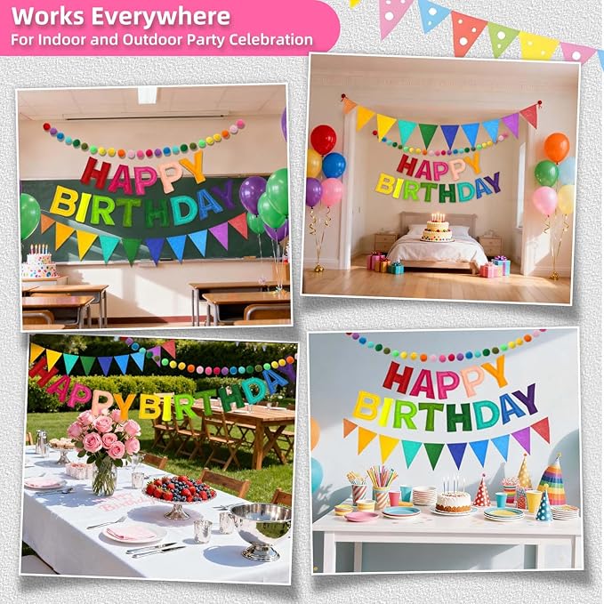 Pre-Strung 3D Happy Birthday Banner-Felt Happy Birthday Decorations Ball Garland Pennant Flag Reusable Rainbow Birthday Decorations Multicolor Rainbow Bunting String Triangle Flags Birthday Party Decor