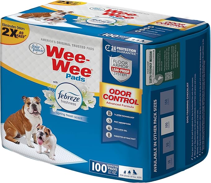 Four Paws Wee-Wee Odor Control with Febreze Freshness Pee Pads for Dogs & Puppies, Leak-Proof Dog Housebreaking Potty Training Floor Protection, Spring Fresh Scent, 22" x 23", 150 Count
