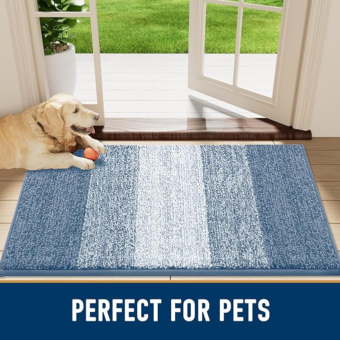 Smiry Dog Door Mat for Muddy Paws, Absorbs Moisture and Dirt, Low-Profile Entryway Mat with Non-Slip Backing, Entry Indoor Outdoor Doormat for Inside Floor (40x32 Inches, Light Blue, Striped)